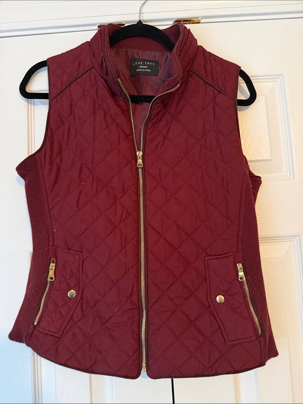 Love Tree Quilted Wine Red Vest with Gold Zipper